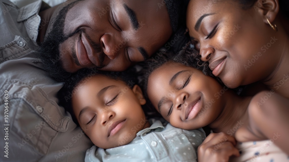 Affectionate parents gazing at one another while holding their two sleeping children in bed Affectionate parents gazing at one another while holding their two sleeping children in bed