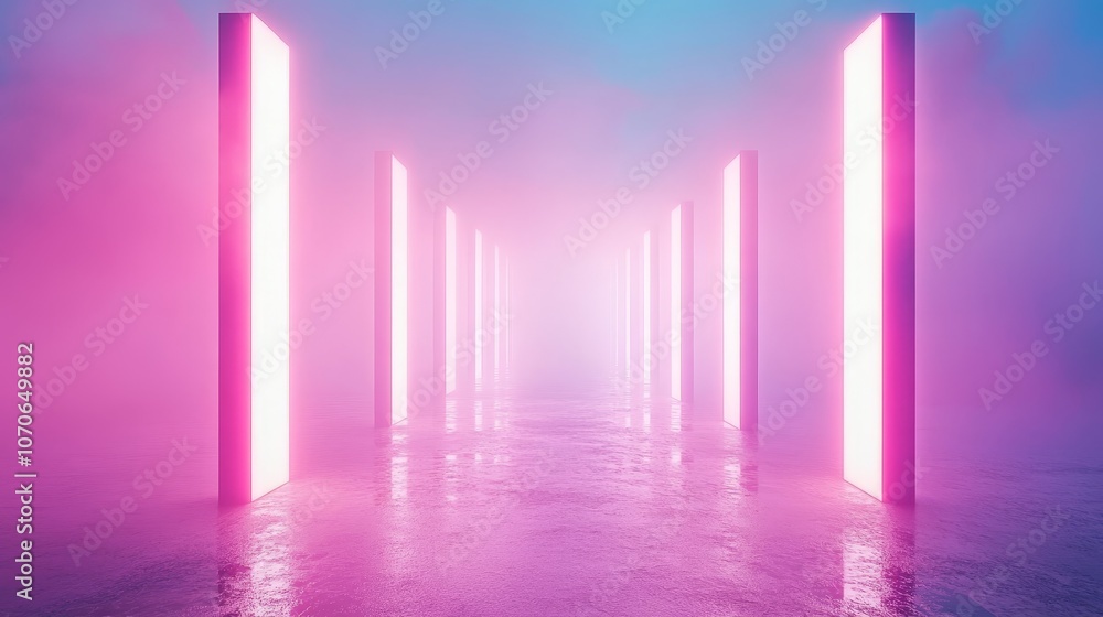 A surreal corridor of glowing pillars in a misty environment, evoking a futuristic atmosphere. A surreal corridor of glowing pillars in a misty environment, evoking a futuristic atmosphere.