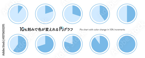 10％刻みで色が変えれる円グラフのイラストセット。シンプルな百分率のチャート。10分割された円のインフォグラフィクアイコン。