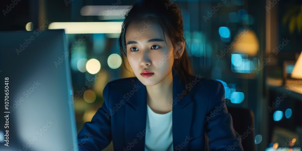Late-night work session involving a watch, deadline, and computer with a dedicated female employee in an office, focusing on finance and accounting tasks Late-night work session involving a watch, deadline, and computer with a dedicated female employee in an office, focusing on finance and accounting tasks