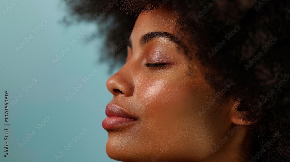 Portrait of a woman enjoying spa wellness and skincare in a studio. Happy young model with afro showcasing a glowing complexion after cosmetic treatment and salon experience Portrait of a woman enjoying spa wellness and skincare in a studio. Happy young model with afro showcasing a glowing complexion after cosmetic treatment and salon experience