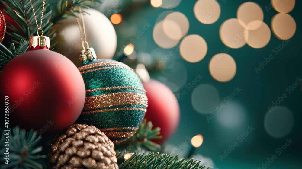Obraz premium Close up photo of Christmas baubles in red, green, and gold, creating festive atmosphere