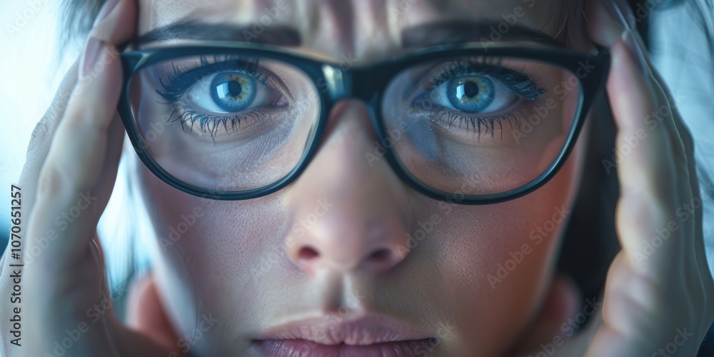Female professional experiencing headache and stress in an office due to eye strain, burnout, and pressure from work-related challenges Female professional experiencing headache and stress in an office due to eye strain, burnout, and pressure from work-related challenges