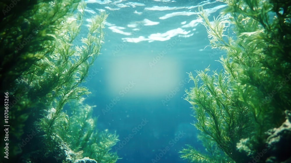 Fototapeta premium Underwater seaweed with blank space in center for text overlay, underwater graphic space, natural ocean