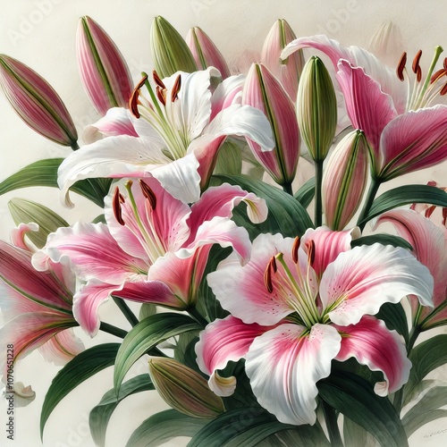 Pink and White Lilies Flower Bouquet Floral Art Nature Spring Blossom Beauty