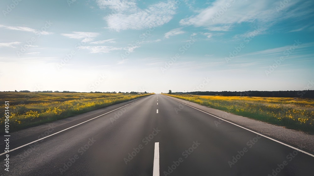 Empty paved road with yellow wildflowers and clear sky reaching the horizon Empty paved road with yellow wildflowers and clear sky reaching the horizon