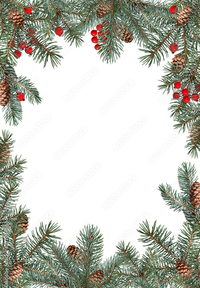 Festive Christmas frame made of conifer branches decorated with cones and artificial red berries. Frame isolated on white background, copy space. Two options, with and without decoration. Festive Christmas frame made of conifer branches decorated with cones and artificial red berries. Frame isolated on white background, copy space. Two options, with and without decoration.