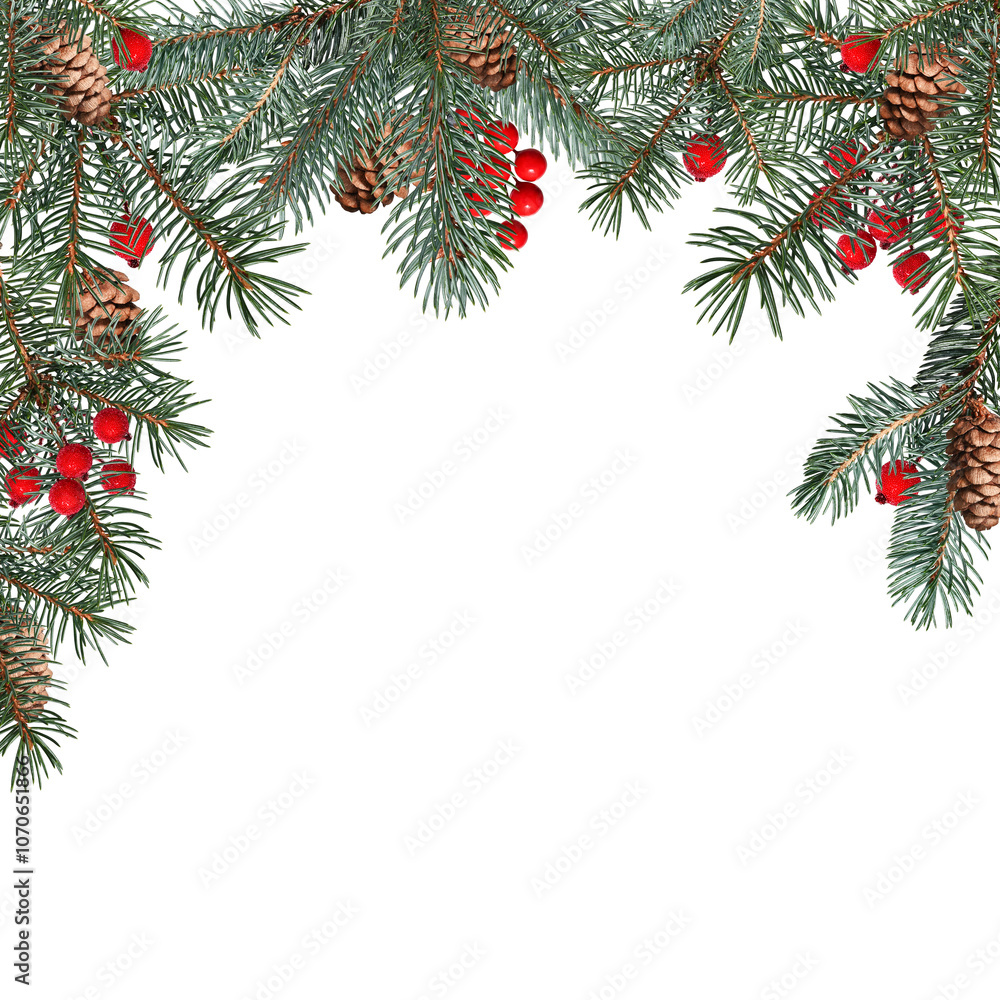 Festive Christmas frame made of conifer branches decorated with cones and artificial red berries. Frame isolated on white background, copy space. Overlay background. Festive Christmas frame made of conifer branches decorated with cones and artificial red berries. Frame isolated on white background, copy space. Overlay background.