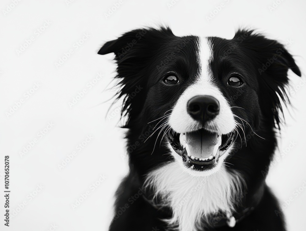 Fototapeta premium A black and white border collie with a big smile looks directly at the camera.