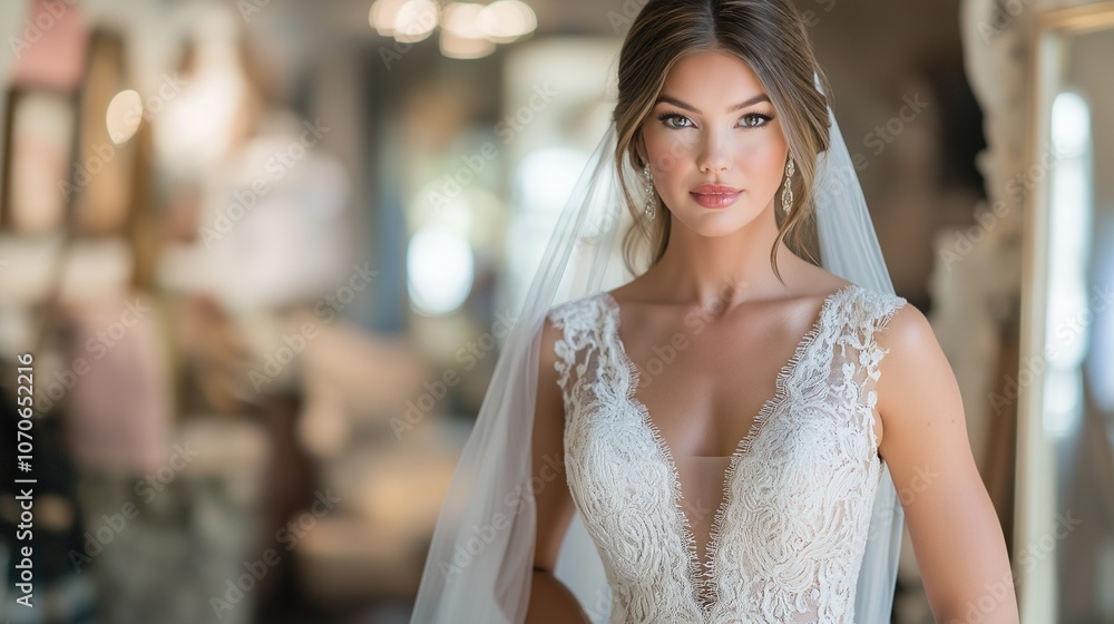 Naklejka premium Elegant Bride in Lace Wedding Dress and Veil Looking Over Shoulder in Softly Lit Interior