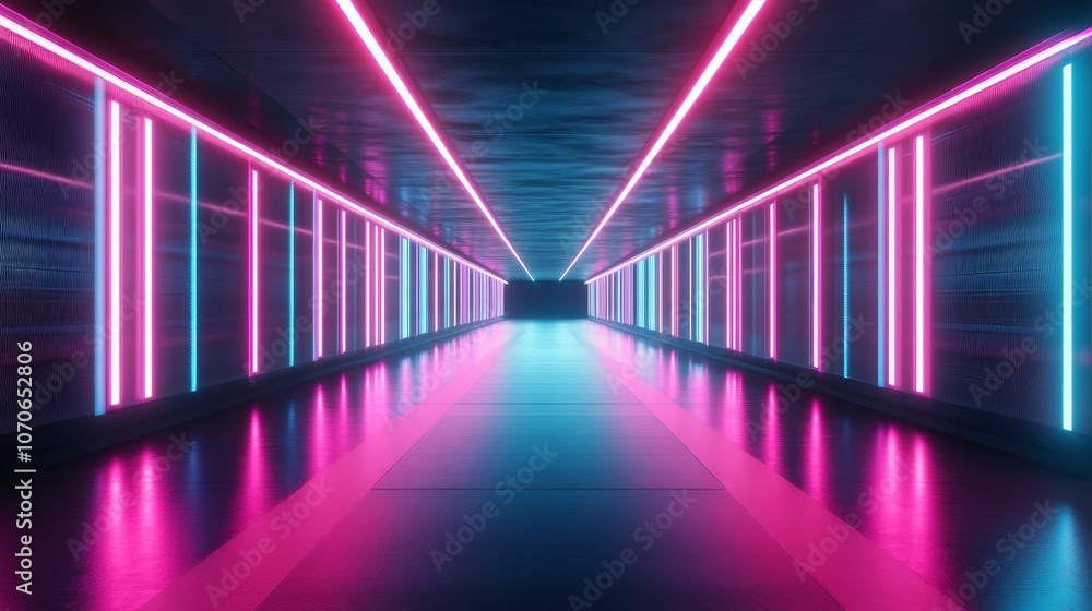 A futuristic corridor illuminated by vibrant pink and blue neon light. A futuristic corridor illuminated by vibrant pink and blue neon light.