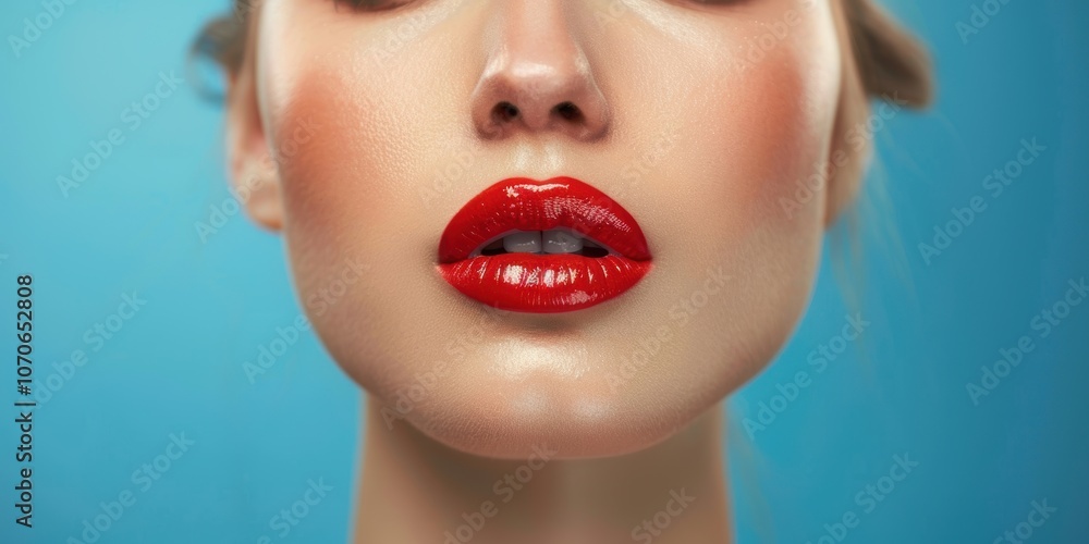 Portrait of a woman showcasing beauty and makeup with red lipstick in a studio setting. Aesthetic model against a blue background, focused on self-care and cosmetic application for lips and skin Portrait of a woman showcasing beauty and makeup with red lipstick in a studio setting. Aesthetic model against a blue background, focused on self-care and cosmetic application for lips and skin