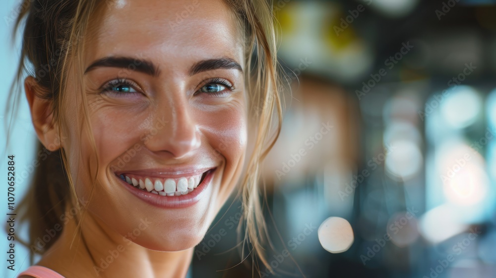 Closeup of a smiling woman in a gym after a workout. Happy headshot of a trainer with a bright smile, showcasing fitness and wellness in a training environment Closeup of a smiling woman in a gym after a workout. Happy headshot of a trainer with a bright smile, showcasing fitness and wellness in a training environment