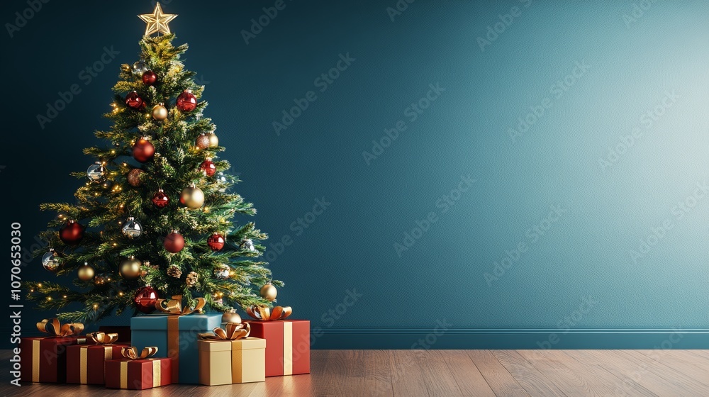 Christmas Tree with Classic Red and Gold Ornaments and Wrapped Gifts on Floor Christmas Tree with Classic Red and Gold Ornaments and Wrapped Gifts on Floor