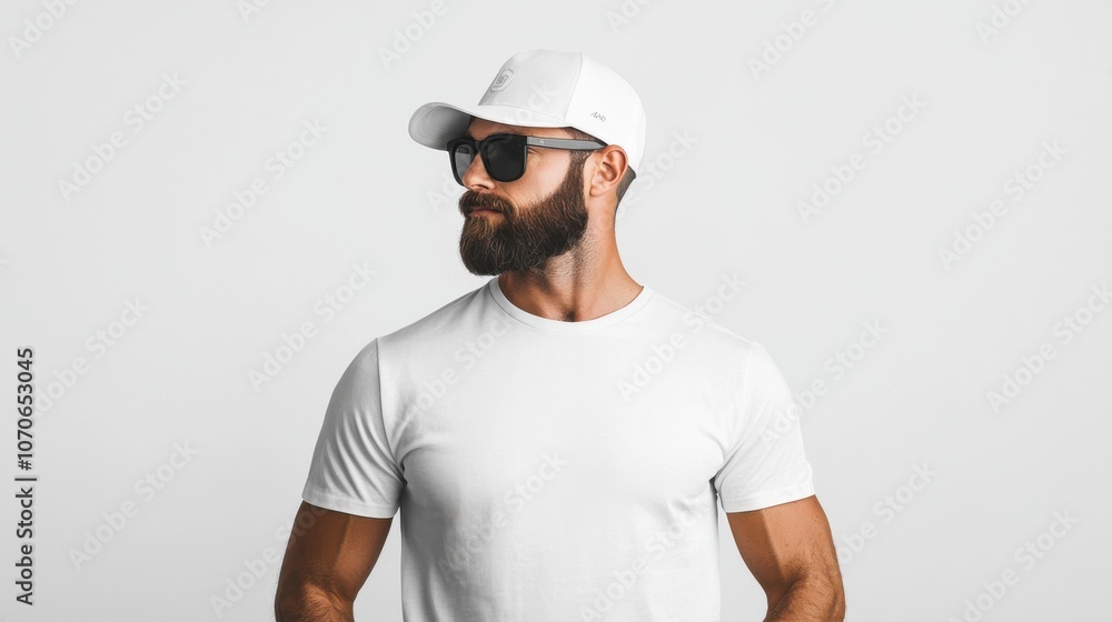 A man with a stylish beard wears a white cap and sunglasses, posing confidently against a light background. A man with a stylish beard wears a white cap and sunglasses, posing confidently against a light background.