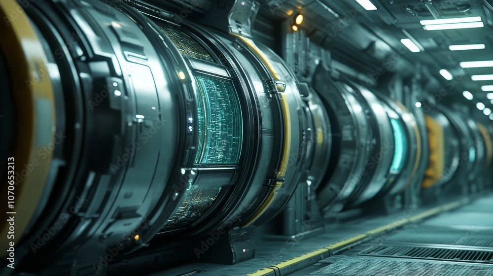 Futuristic corridor with cylindrical devices displaying digital data. Futuristic corridor with cylindrical devices displaying digital data.
