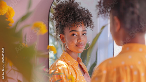 Multiracial woman stands confidently in front of a mirror, surrounded by vibrant yellow flowers. Generative ai