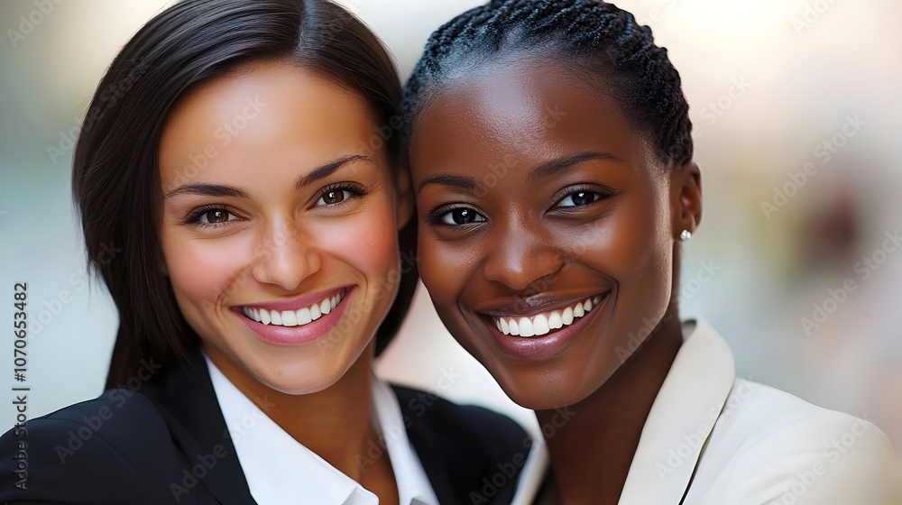 Two business women smile happily while working together in a professional setting. Successful female executives discuss their goals and plans as they sit together in an office Two business women smile happily while working together in a professional setting. Successful female executives discuss their goals and plans as they sit together in an office