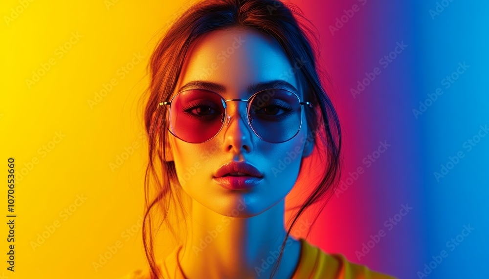 Centered Portrait with Eyewear in Red Blue Neon Light Setting Centered Portrait with Eyewear in Red Blue Neon Light Setting