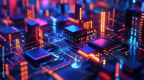 A vibrant, futuristic circuit board with glowing components and connections, symbolizing technology.