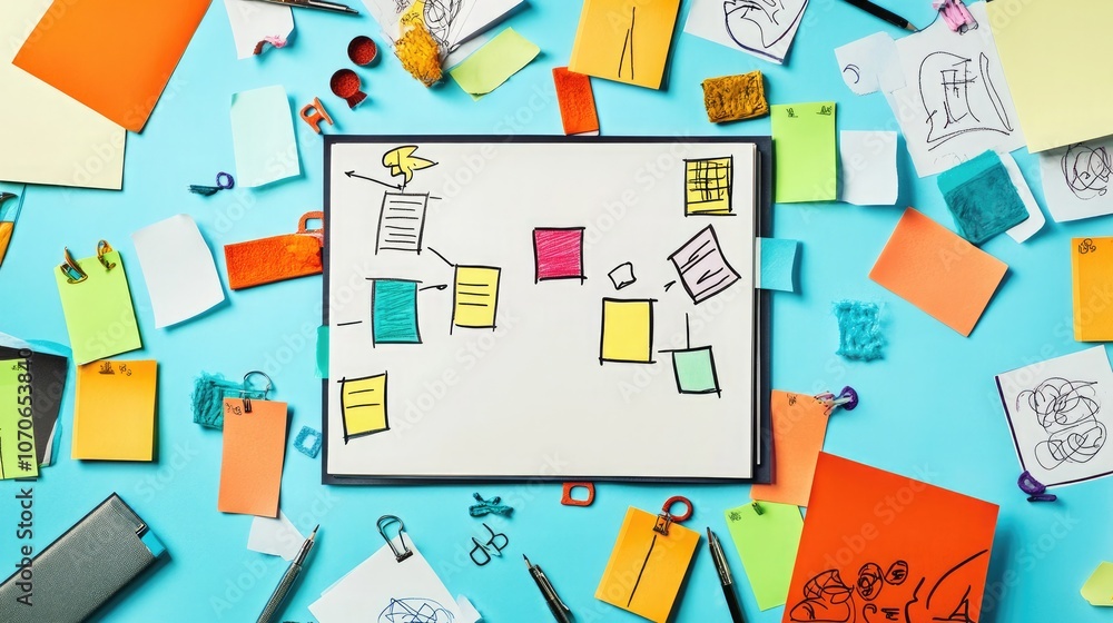 A playful arrangement of a central drawing pad, with sticky notes and colorful doodles scattered around, symbolizing the early stages of idea formation. A playful arrangement of a central drawing pad, with sticky notes and colorful doodles scattered around, symbolizing the early stages of idea formation.