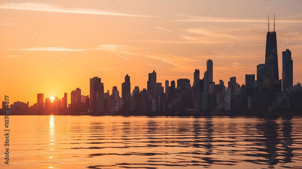 Obraz premium Sunrise over city skyline with calm water and reflection