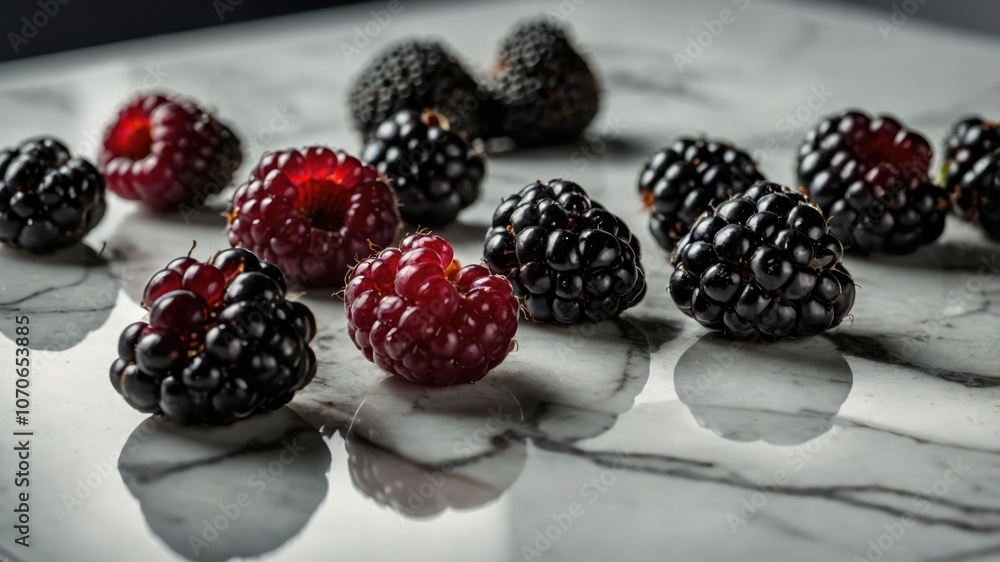 A close-up of fresh raspberries and blackberries on a marble surface, highlighting their textures. A close-up of fresh raspberries and blackberries on a marble surface, highlighting their textures.
