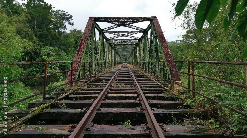 Rusty railroad tracks on an old bridge in the jungle, vanishing into the distance. Rusty railroad tracks on an old bridge in the jungle, vanishing into the distance.