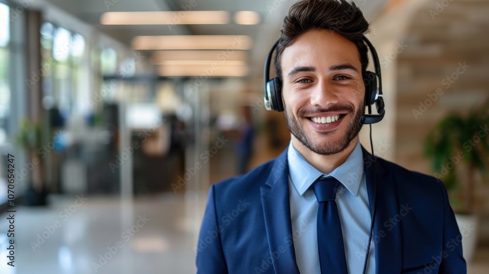 Happy customer service representative engaging in technical support and telemarketing communication in a call center environment Happy customer service representative engaging in technical support and telemarketing communication in a call center environment