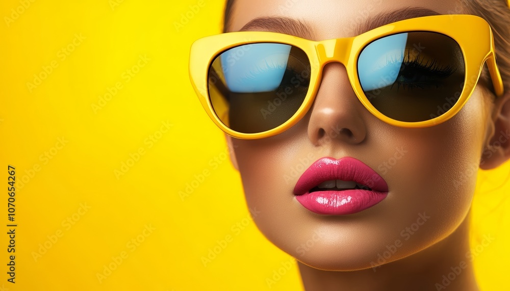 Contemporary Woman in Fashionable Yellow Sunglasses with Blue Background Contemporary Woman in Fashionable Yellow Sunglasses with Blue Background