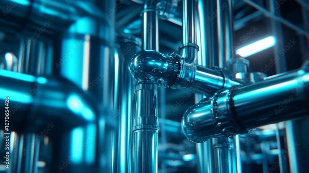 A close-up view of metallic pipes and fittings in an industrial setting with blue lighting. A close-up view of metallic pipes and fittings in an industrial setting with blue lighting.