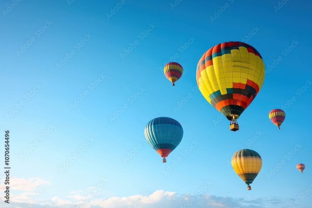 Experience the joy of colorful hot air balloons floating in a clear blue sky on a perfect day Experience the joy of colorful hot air balloons floating in a clear blue sky on a perfect day