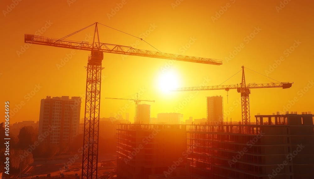 Construction Site with Cranes at Sunset Silhouetted Buildings Construction Site with Cranes at Sunset Silhouetted Buildings