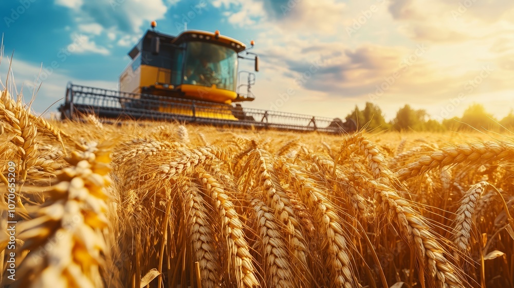Fototapeta premium Golden Wheat Ears and Harvester in Field at Sunset