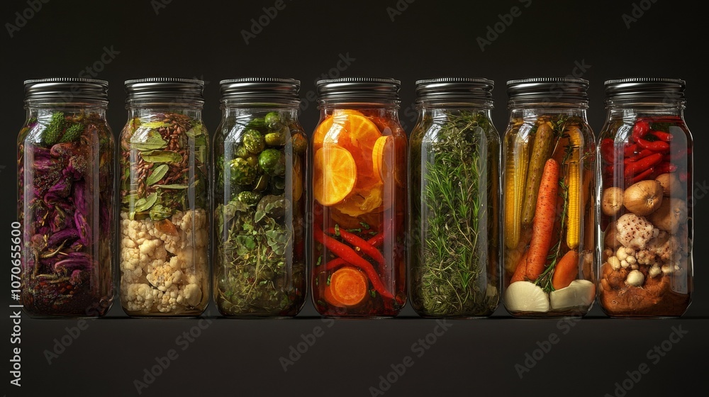 Preserved Vegetables and Herbs in Jars on Wooden Shelves in a Sunlit Kitchen Preserved Vegetables and Herbs in Jars on Wooden Shelves in a Sunlit Kitchen