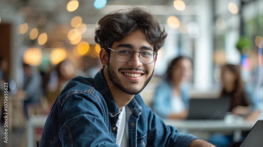 Fototapeta premium Focused individual multitasking in a dynamic office environment, managing emails and documents while displaying a positive attitude towards their career goals