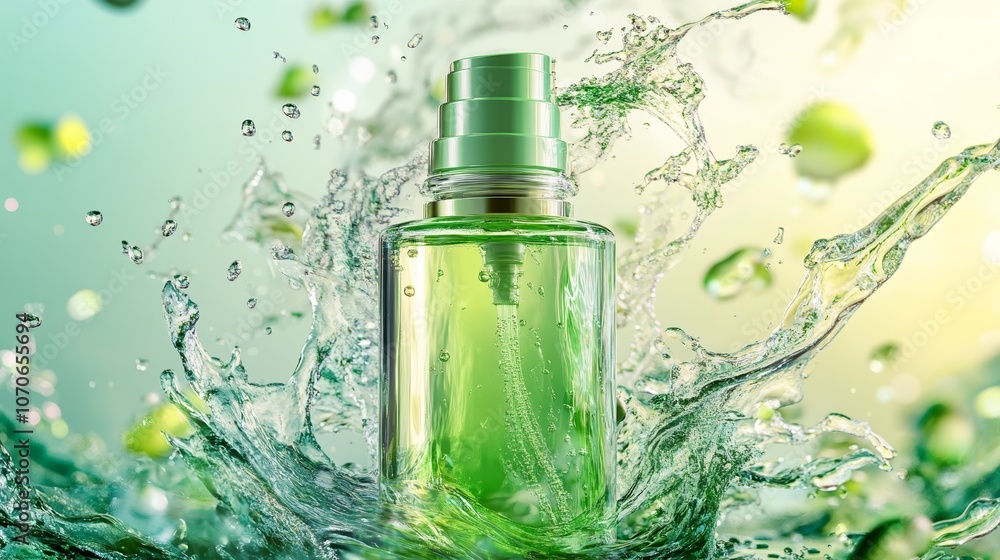 Algae-Based Skincare in a Cosmetic Bottle Surrounded by Green Leaves Algae-Based Skincare in a Cosmetic Bottle Surrounded by Green Leaves