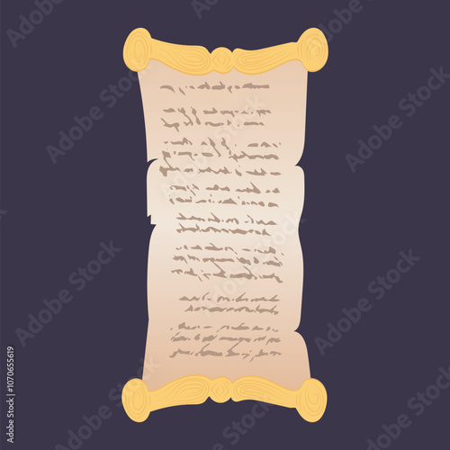 Old handwriting magic scroll in flat design. Open manuscript with spells. Vector illustration isolated.