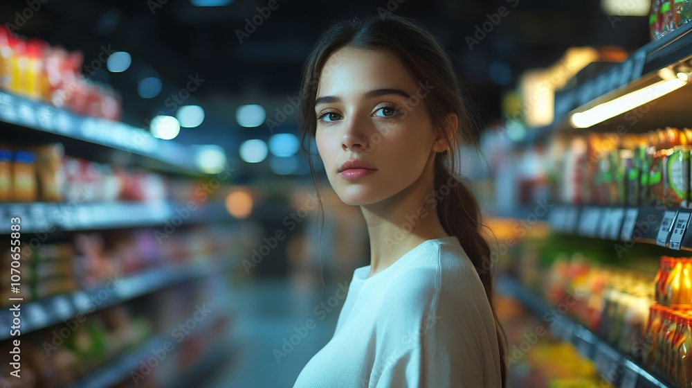 Female Employee in Supermarket Smiling While Standing in Grocery Aisle Female Employee in Supermarket Smiling While Standing in Grocery Aisle