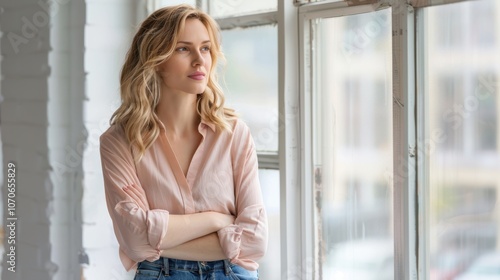 Free Download Confident woman with crossed arms in office, symbolizing success and achievement. Professional female leader reflecting on career goals and opportunities - GFXLoad
