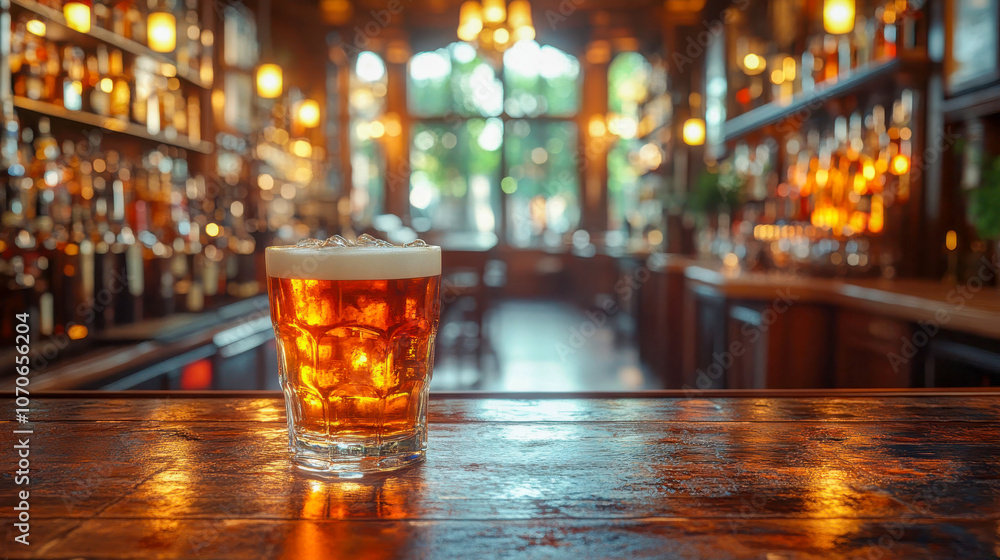 Close-up of a glass of beer with frothy head on a wooden bar counter in a warmly lit pub with blurred liquor bottles in the background Close-up of a glass of beer with frothy head on a wooden bar counter in a warmly lit pub with blurred liquor bottles in the background