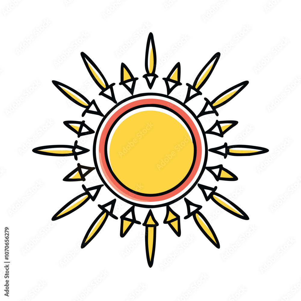 Decorative Sun Icon with Layered Rays, Illustration of a stylized yellow sun with alternating black-outlined rays and a red inner ring, symbolizing energy, warmth, and a unique artistic design.
Decorative Sun Icon with Layered Rays, Illustration of a stylized yellow sun with alternating black-outlined rays and a red inner ring, symbolizing energy, warmth, and a unique artistic design.