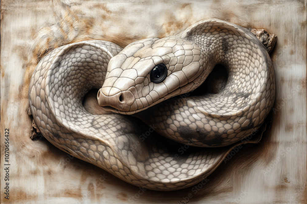 Fototapeta premium Dessin sculpture d'un serpent sur du bois