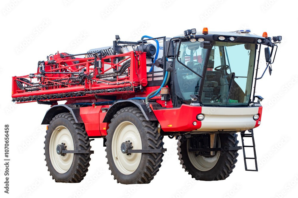 Large agricultural sprayer ready for fieldwork on a sunny day in rural farmland, isolated on white background. Large agricultural sprayer ready for fieldwork on a sunny day in rural farmland, isolated on white background.