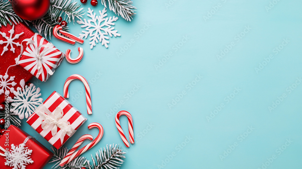 Obraz premium Festive Christmas decorations with red and white gifts, candy canes, and snowflakes on blue background create joyful holiday atmosphere