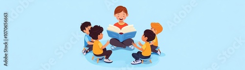 Teacher reading a book to young children sitting in a circle, open space above for text, warm and nurturing environment, educational theme