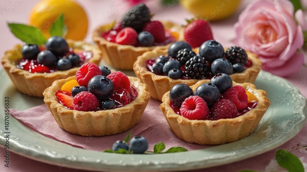 A plate of fruit tarts topped with assorted berries and peach slices, set on a pink background. A plate of fruit tarts topped with assorted berries and peach slices, set on a pink background.