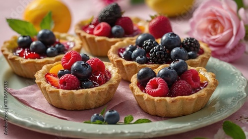 A plate of fruit tarts topped with assorted berries and peach slices, set on a pink background.