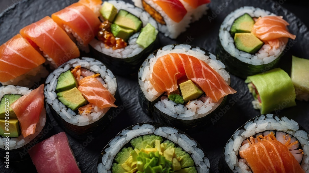 A variety of sushi rolls artfully arranged on a black plate, showcasing vibrant colors and textures. A variety of sushi rolls artfully arranged on a black plate, showcasing vibrant colors and textures.