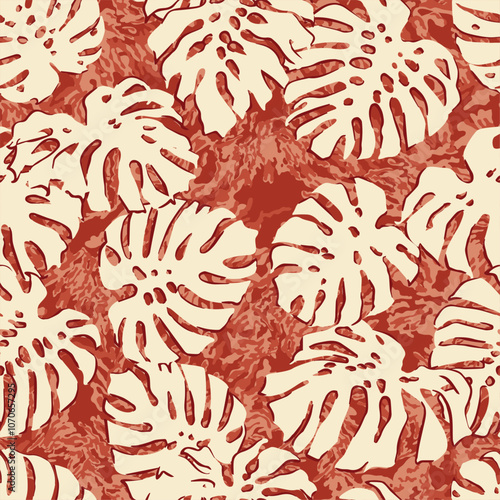 Tropical monstera leaves with camouflage background abstract vector seamless pattern for fabric shirt beach towel tablecloth pillow boardshort